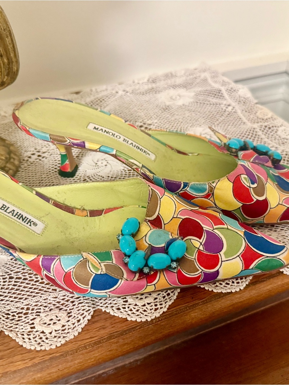 Vintage Manolo Blahnik Multicolor Jewel-Embellished Slip-On kitten Heels